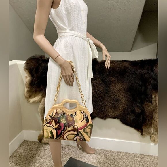 Abstract Print Cowhide Leather Handmade Wooden Frame Bag Includes 2 Strap Styles - Picture 9 of 16